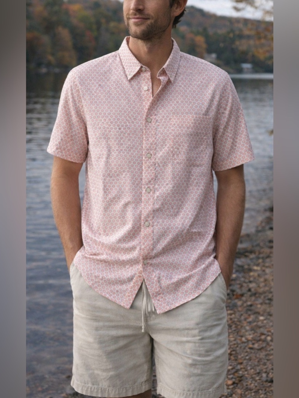 Faherty Short Sleeve Button Down Pink Print Shirt Mens XL